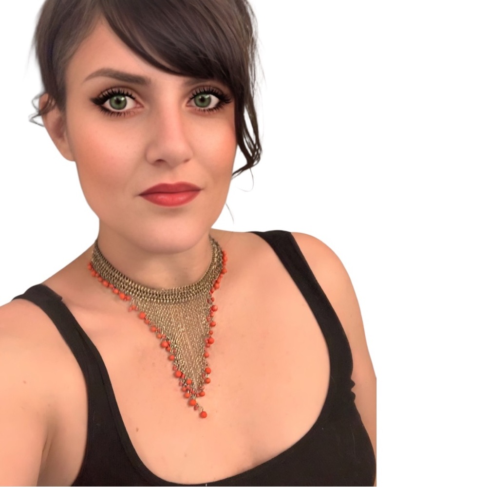 Handmade artisan Cascading chain and red bead statement necklace